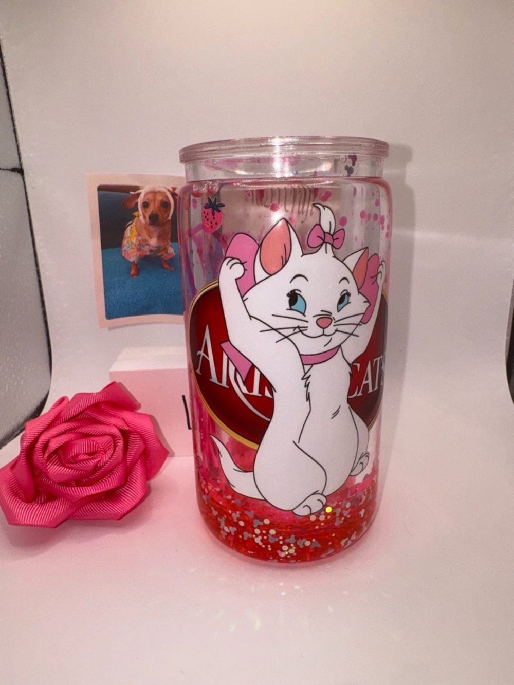 White Marie Glitter Tumbler - Pink/Red Accents